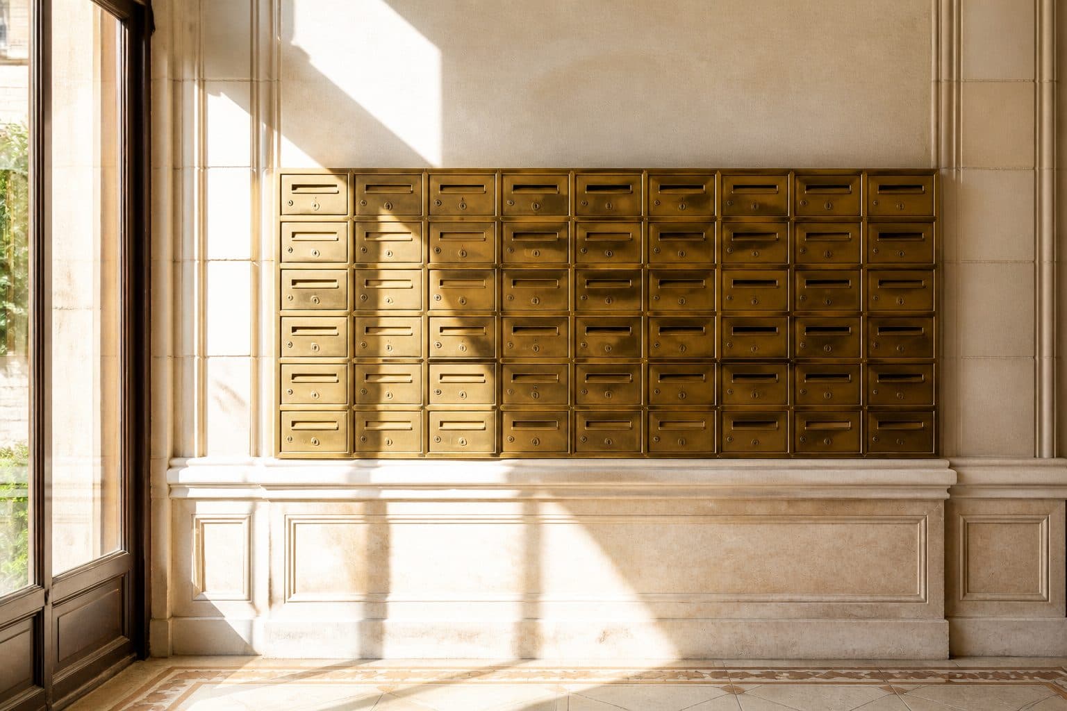 Un mur de boîtes aux lettres en laiton dans un hall d'immeuble ancien.